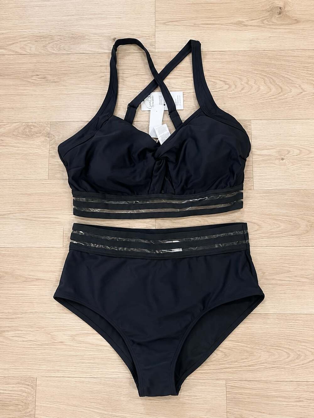 Cupshe Mesh Striped Twisted Cutout Top & High Waist Bikini Set large